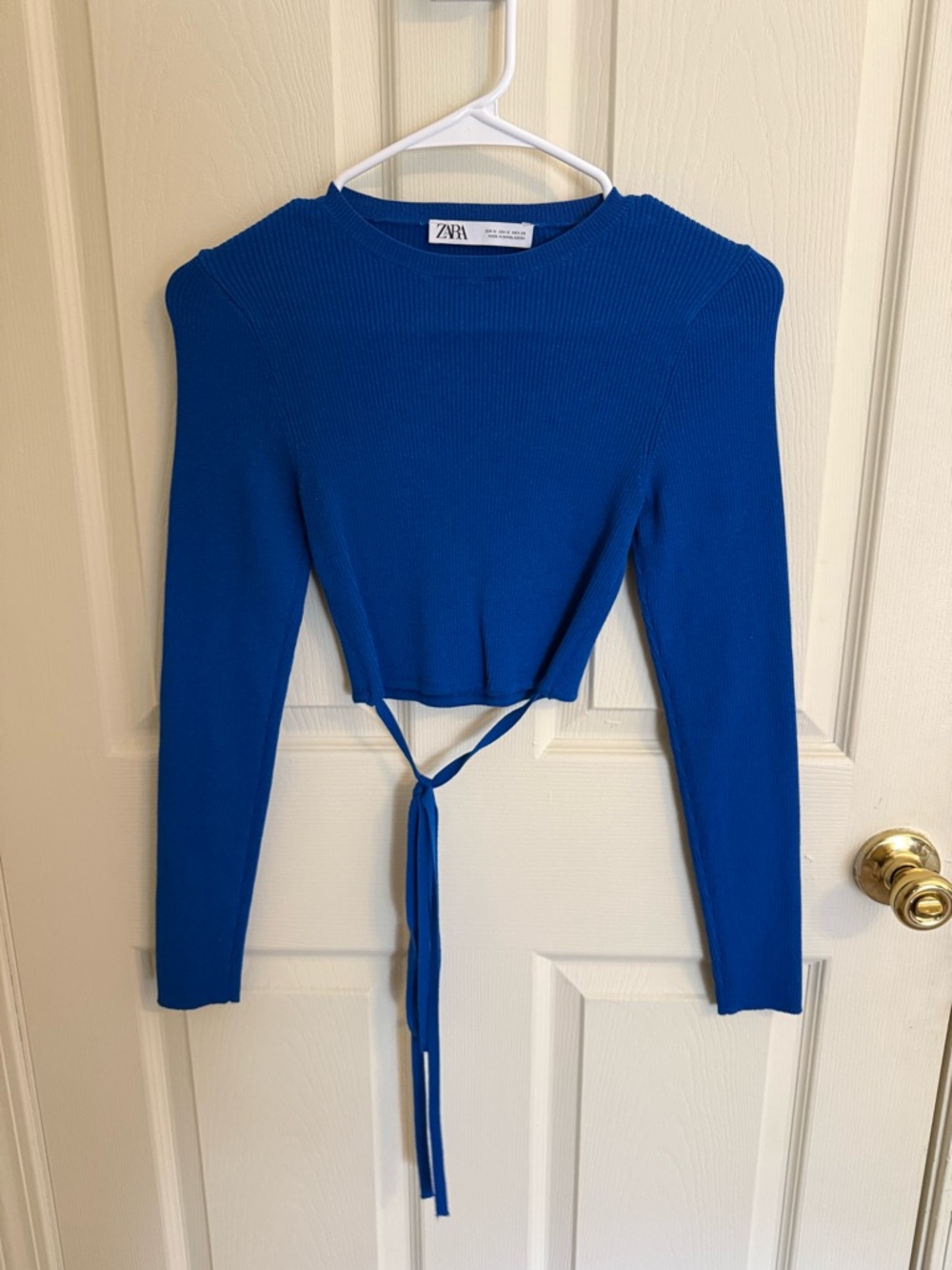 Zara Royal Blue Ribbed Long-Sleeve Crop Top with Tie
